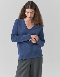 Blusa de punto de cachemir con escote en V, azul